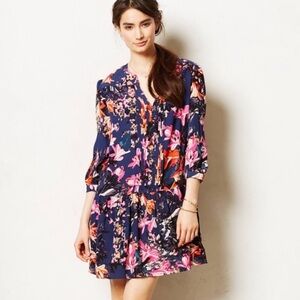Anthropologie Maeve Caravane Floral Pleated Dress Coral Navy